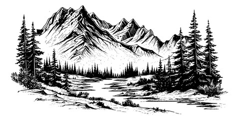Wall Mural - mountain forest engraving black and white outline