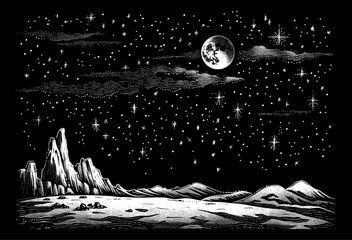 Wall Mural - night sky star engraving black and white outline