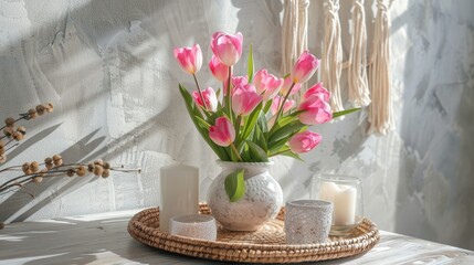 Sticker - Spring boho decor: pink tulips in white vase, wicker tray, candles, macrame on wooden surface against light gray wall