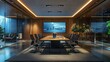 © Phichaphat - Modern conference room with sleek furniture, ambient lighting, and a large screen, perfect for professional meetings and presentations.