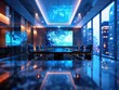 © Phichaphat - Modern conference room with sleek design, illuminated by city lights, featuring a large screen and a polished table.