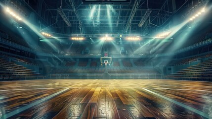 Poster - A vacant stadium, basketball court, and sports field with fans and spotlights