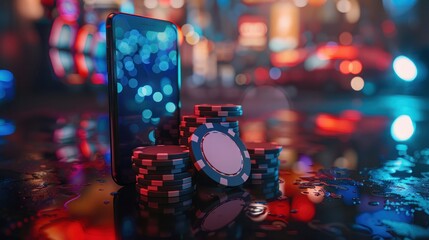 Sticker - Banner for an online casino. A smartphone playing chips on a table with a bokeh effect and a hazy neon background. Idea of online gambling