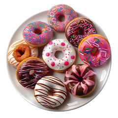 A plate filled with colorful, assorted donuts with various toppings, including sprinkles and icing. A delightful treat for donut lovers., transparent background