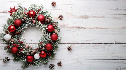 Canvas Print - Christmas wreath with ornaments on white wooden backdrop with snow and room for text