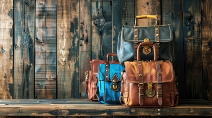 Wall Mural - Rustic travel bags on wooden background Vintage and travel themed decor