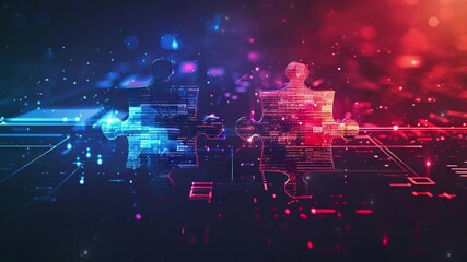 Digital representation of API integration concept with two interlocking puzzle pieces against a futuristic tech-inspired abstract background, symbolizing connectivity and interoperability.