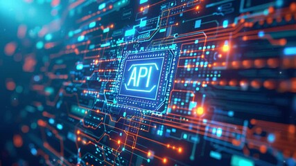 A digital technology background with a focus on the acronym API, which stands for Application Programming Interface, highlighted in the center amidst abstract high-tech elements and binary code.