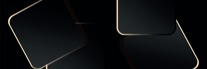 Black abstract background with shiny gold lines element. Luxury dark gradient square shapes. Elegant geometric design. Modern concept. Suit for banner, brochure, invitation, cover, presentation