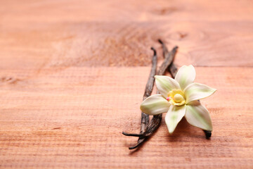 Wall Mural - Beautiful vanilla flower and sticks on wooden background