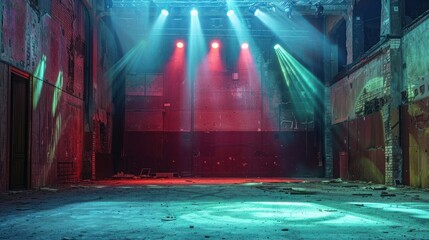 spotlights on an abandoned music hall or nightclub stage.