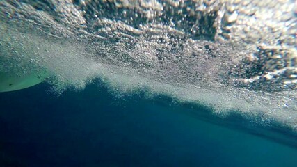 Wall Mural - Underwater, travel and fun with a woman hand on a boat ride, touching and feeling fresh ocean water. Tourist enjoying her freedom and trip, relaxed and carefree while being playful on vacation