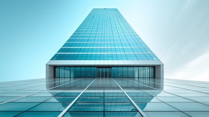 Wall Mural - A modern glass building with a clear sky background, featuring clean lines and symmetrical architecture.