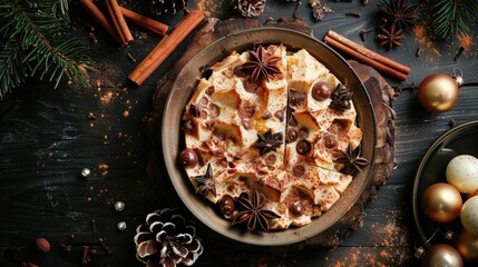 Sticker - Rustic top down view of Christmas dessert with cinnamon chocolate drops for the holiday feast