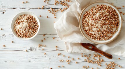 Healthy buckwheat porridge on a white wooden surface Organic gluten free grain Suitable for diet Ample space for text