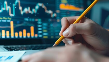 Aufkleber - Hand Holding Pencil with Stock Market Data in Background