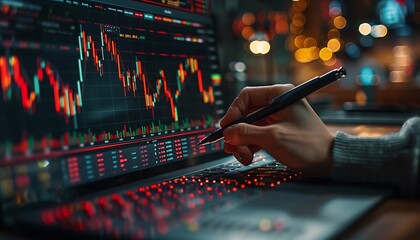 Aufkleber - Hand Analyzing Stock Market Data on Laptop