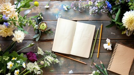 Poster - Sketching supplies on a table with flowers and a notebook