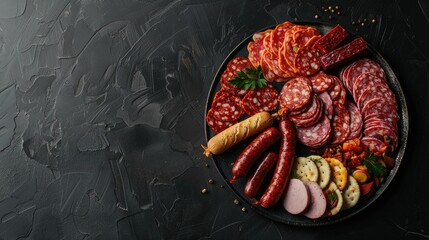 Sticker - Variety of cured meats and snacks on platter Sausage Fouet sausages salami pepperoni on dark background Overhead view Text space available