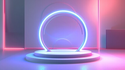 Wall Mural - Podium background 3D light tech stage future platform game abstract Podium 3D background technology room product circle glow effect portal stand studio scene white design ring modern display space