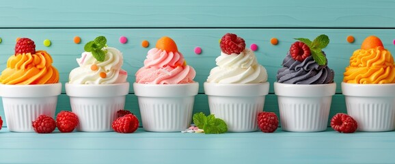 A Variety Of Colorful Summer Frozen Desserts, Bottom Border On A Rustic Blue Wood Background, Refreshing And Inviting