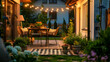 © Pretty Panda - Charming garden patio with wrought iron furniture, potted plants, and soft string lights as the sun sets