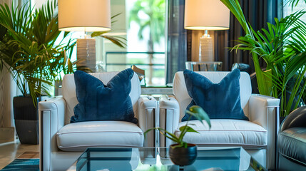 Canvas Print - Chic leather white armchairs with blue cushions and a glass coffee table, highlighted by tropical potted plants and a sleek modern lamp