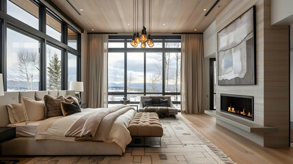 Canvas Print - Chic master bedroom with light wood floors, a pendant light cluster, neutral tones, a plush area rug, and a sleek fireplace framed by large windows