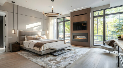 Sticker - Chic master bedroom with light wood floors, a pendant light cluster, neutral tones, a plush area rug, and a sleek fireplace framed by large windows