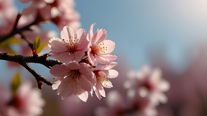 Horizontal banner with sakura flowers of pink color on sunny backdrop. Beautiful nature spring background with a branch of blooming sakura. Generative AI