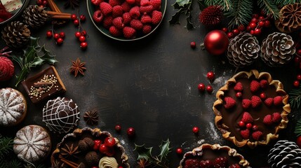 Sticker - Traditional American Christmas desserts on a dark backdrop for winter celebrations with room for text banner panorama