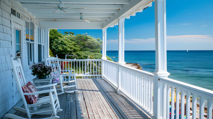 Coastal beach house with white clapboard siding, wraparound porch, and colorful seaside decor, overlooking the ocean under clear blue skies