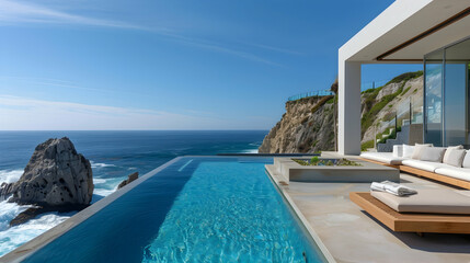 Canvas Print - Coastal cliffside villa with an infinity pool overlooking crashing waves, a sunken lounge area, and dramatic rocky cliffs under a clear blue sky