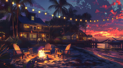 Wall Mural - Coastal cottage at twilight: Adirondack chairs around a beach bonfire, a seafood grill, wooden boardwalk, hammocks, and palm trees swaying in ocean breeze