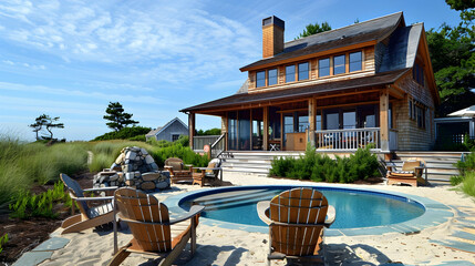 Wall Mural - Coastal cottage with cedar shake siding, wrap-around porch, Adirondack chairs, stone fire pit, and a pool overlooking sandy dunes and the ocean