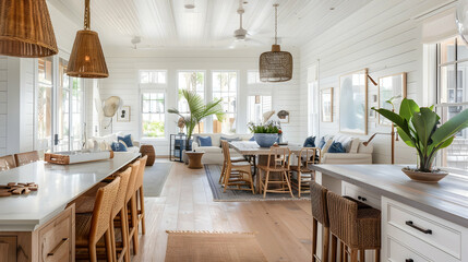 Coastal cottage with white shiplap walls, a farmhouse kitchen island, wicker furniture, hardwood floors, and ocean-inspired decor