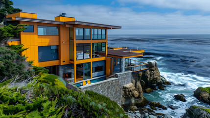 Coastal retreat with a modern home, azure yellow panels, and a facade of rugged coastal stone overlooking crashing waves