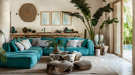 Wall Mural - Coastal retreat's airy living room with a turquoise sofa, driftwood coffee table, potted palms, and ocean-inspired decor