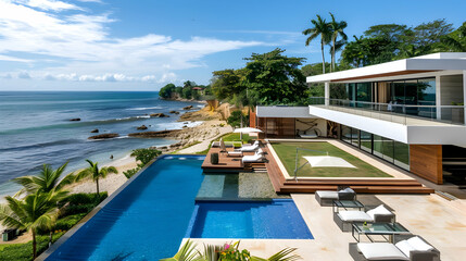 Canvas Print - Contemporary beachfront retreat with minimalist design, infinity pool, and private cabanas by the sea