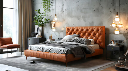 Contemporary bedroom with a leather upholstered bed, concrete wall background, and geometric patterns, infusing modern elements into Scandinavian decor