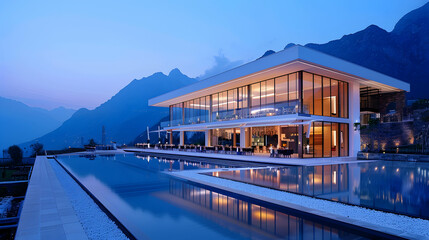 Wall Mural - Contemporary event hall with sleek architecture, infinity pool, and stunning mountain backdrop