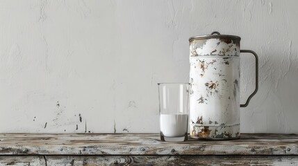 Sticker - Vintage milk can and glass on wooden surface with white backdrop