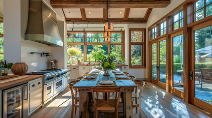 Sticker - Rustic kitchen and dining room with wooden beams, farmhouse table, vintage appliances, and large windows with a view of a lush garden