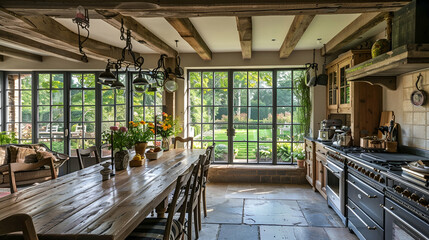 Sticker - Rustic kitchen and dining room with wooden beams, farmhouse table, vintage appliances, and large windows with a view of a lush garden