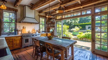 Wall Mural - Rustic kitchen and dining room with wooden beams, farmhouse table, vintage appliances, and large windows with a view of a lush garden