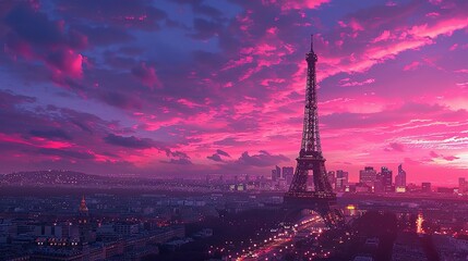 Stunning Pink Sunset Sky Above the World-Famous Eiffel Tower