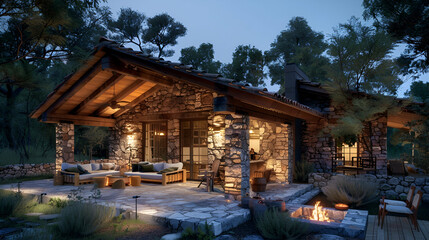 Rustic stone cabin with wooden beams, warm exterior lighting, and a cozy outdoor seating area