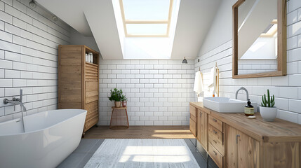 Wall Mural - Scandinavian-inspired bathroom with white subway tile, minimalist vanity, sleek fixtures, wooden accents, and a skylight for natural light