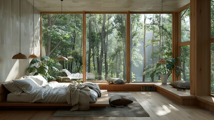 Sticker - Scandinavian-inspired bedroom with light wood floors, minimalist design, a cozy reading nook, hanging pendant lights, and floor-to-ceiling windows with forest views