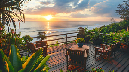 Canvas Print - Seaside deck with teak furniture, vibrant potted plants, and unobstructed ocean views at sunset